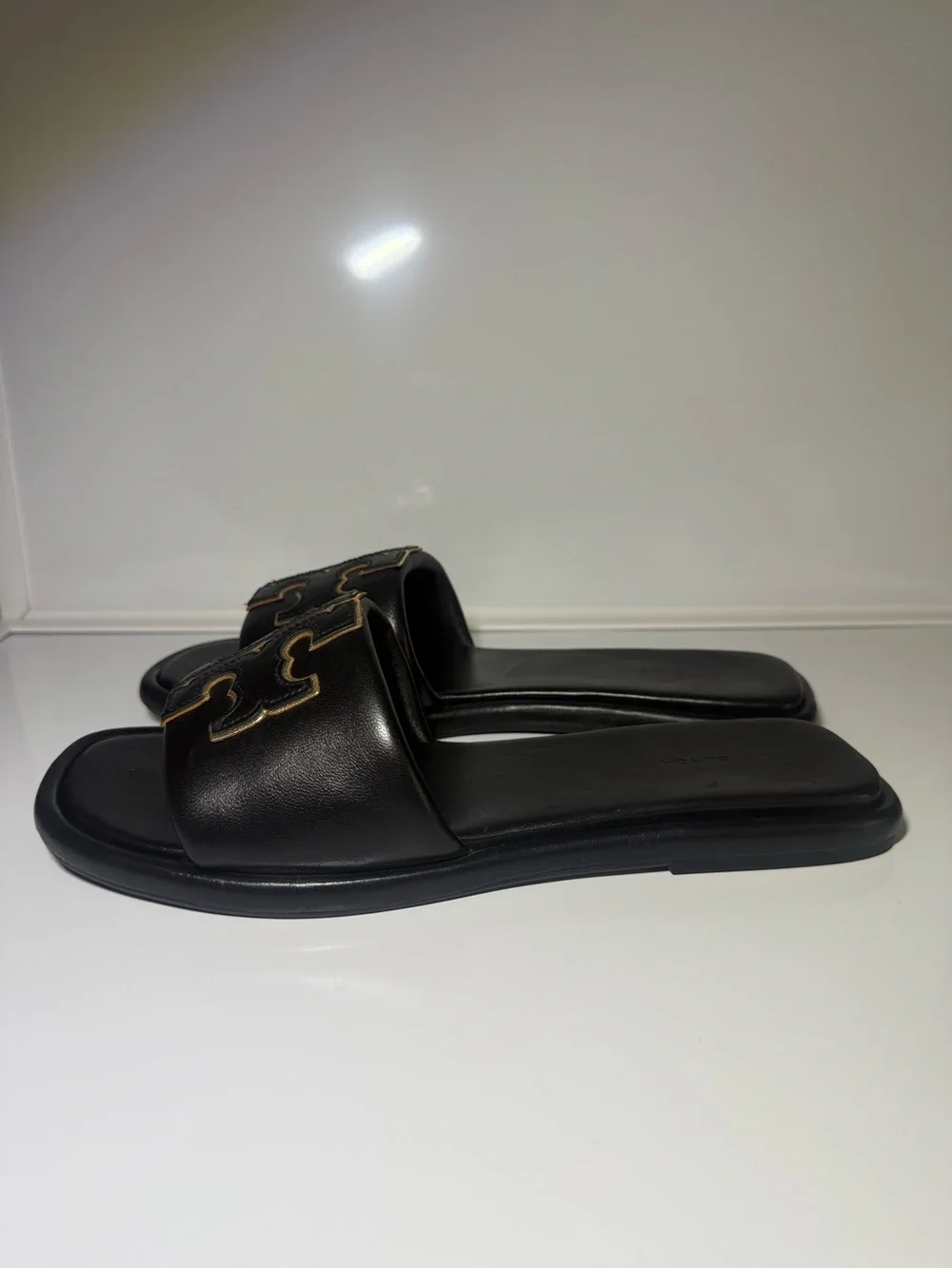 Tory Burch Black Leather Slide Mules with Gold Logo Embellishment size 9
